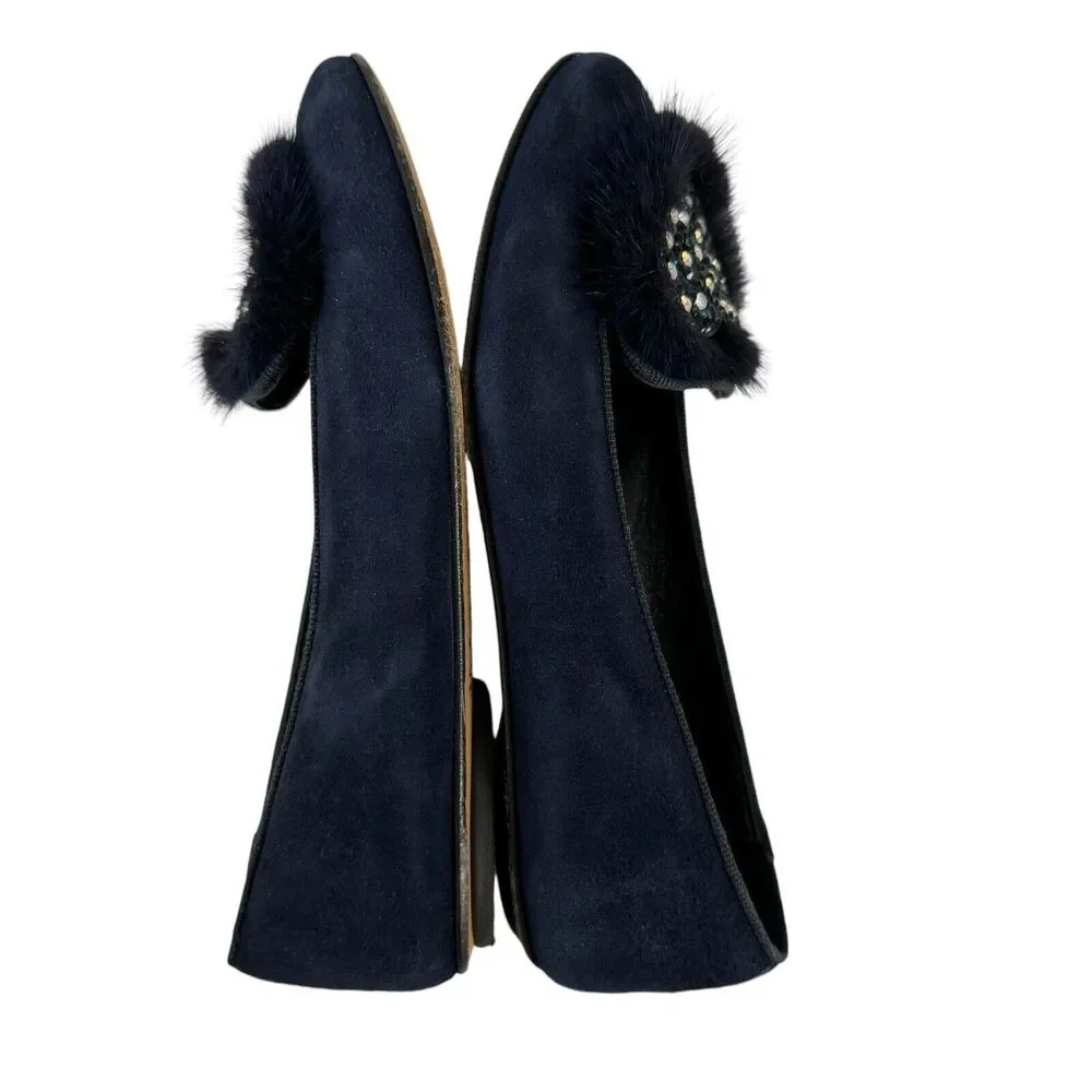 Missouri Italian Shoes Suede Leather Flats Fur Heart Embellished Navy EU34 US3.5